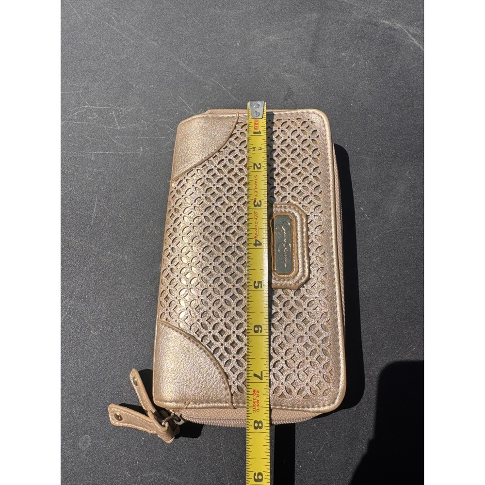 Jessica Simpson Metallic Gold Laser Cut Double Zip Wallet JS10464 Leopard Print - Picture 7 of 8